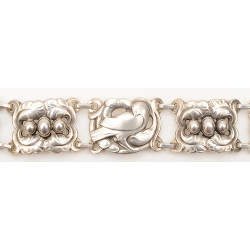 116 - K. Mohl Hansen for Georg Jensen, a silver 6 link bracelet with dove and foliage motifs with silver p... 