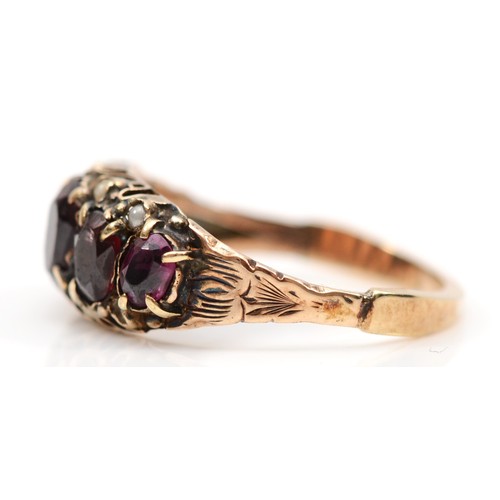 118 - A Victorian gold five stone almandine garnet and seed pearl dress ring, M, replacement shank, unmark... 