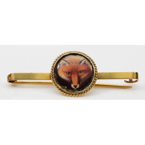 133 - A Victorian gold painted ceramic fox head pin, probably by William Essex, unsigned, later adapted in... 