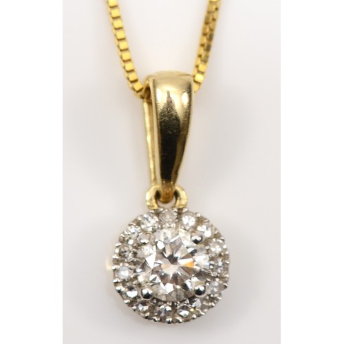 139 - A 10k gold brilliant cut diamond pendant, surrounded by smaller eight cut diamonds, central stone ap... 