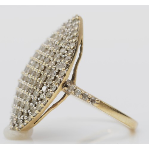 142 - A 9ct gold and single cut diamond navette cluster ring, head 23 x 15mm, K, 4.1gm