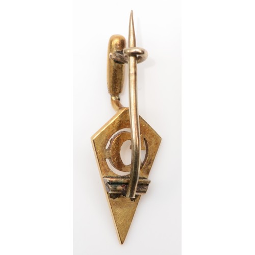 143 - A rare Victorian unmarked gold Masonic trowel brooch, with pierced G and engraved all seeing eye abo... 