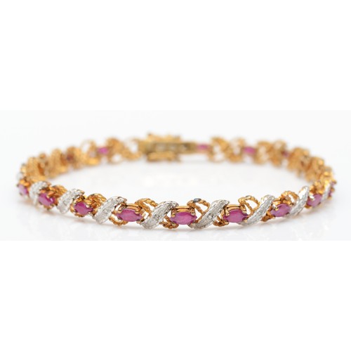 144 - A 9ct gold, single cut diamond and navette cut ruby line bracelet, 18.5cm, 9.5gm