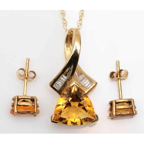 150 - A 9ct gold, triangular citrine, 11 x 11 x 11mm, and baguette diamond pendant, 23mm overall, replacem... 