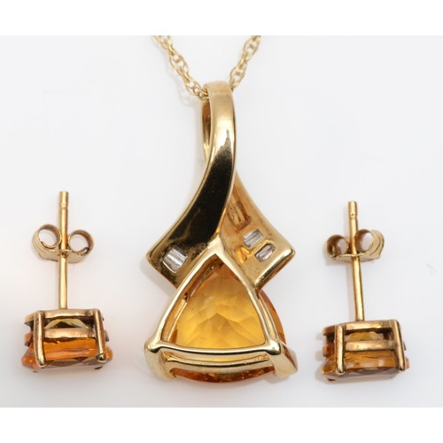 150 - A 9ct gold, triangular citrine, 11 x 11 x 11mm, and baguette diamond pendant, 23mm overall, replacem... 