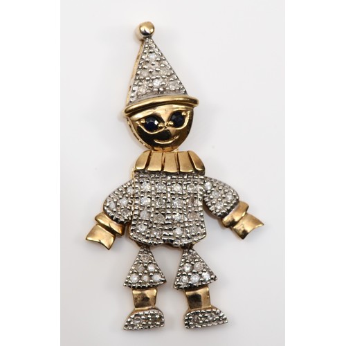 161 - A vintage 9ct gold articulated clown pendant, with sapphire eyes, eight cut diamond body and hat, st... 