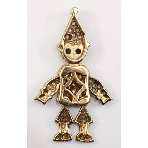 161 - A vintage 9ct gold articulated clown pendant, with sapphire eyes, eight cut diamond body and hat, st... 