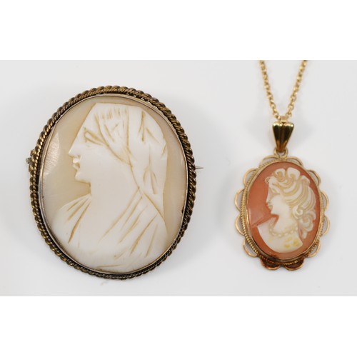 165 - A 9ct gold carved shell cameo of a classical lady, on 9ct gold chain, 20 x 15mm, 5gm, together with ... 