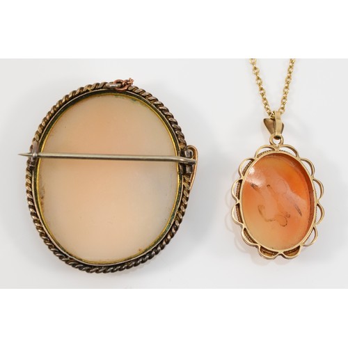 165 - A 9ct gold carved shell cameo of a classical lady, on 9ct gold chain, 20 x 15mm, 5gm, together with ... 