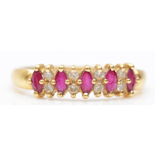 167 - An 18ct gold, brilliant cut diamond and navette ruby dress ring, diamond weight stated 0.13ct, T, 3.... 