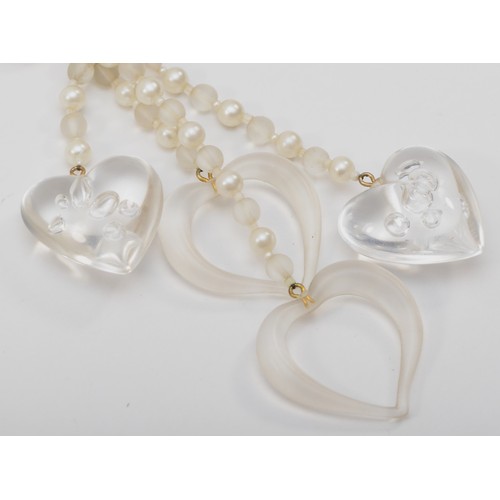 177 - A vintage Miriam Haskell three strand glass bead and faux pearl necklace, with acrylic heart shaped ... 