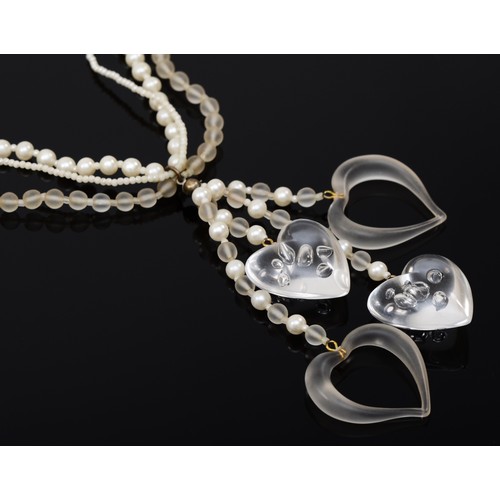 177 - A vintage Miriam Haskell three strand glass bead and faux pearl necklace, with acrylic heart shaped ... 