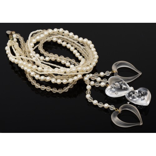 177 - A vintage Miriam Haskell three strand glass bead and faux pearl necklace, with acrylic heart shaped ... 