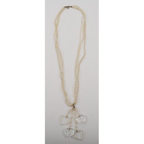 177 - A vintage Miriam Haskell three strand glass bead and faux pearl necklace, with acrylic heart shaped ... 