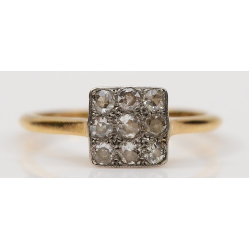 184 - An 18ct gold and platinum set old cut diamond ring, central squared panel set with nine diamonds, M,... 