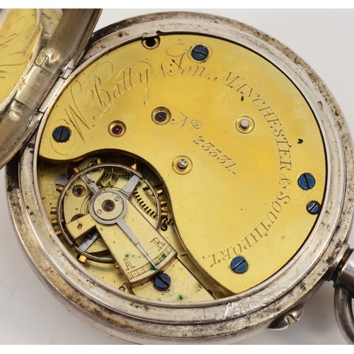 195 - W. Batty & Son, Manchester & Southport, a silver keyless wind open face stop watch/pocket watch, Swi... 