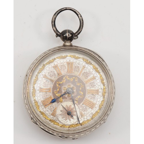 197 - A Swiss silver key wind open face pocket watch, the silver dial with applied gold numerals and flora... 