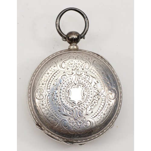 197 - A Swiss silver key wind open face pocket watch, the silver dial with applied gold numerals and flora... 