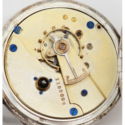 197 - A Swiss silver key wind open face pocket watch, the silver dial with applied gold numerals and flora... 