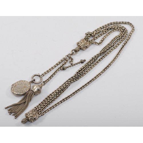 200 - A Victorian unmarked silver albertina pocket watch chain, with attached silver locket, Birmingham 18... 