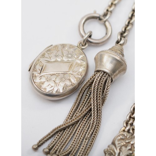 200 - A Victorian unmarked silver albertina pocket watch chain, with attached silver locket, Birmingham 18... 