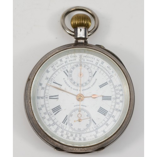 203 - A Swiss 935 silver open key wind chronograph pocket watch, retailed by S. Smith & Sons, 9 Strand, Lo... 