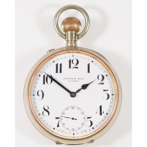 207 - Edward & Sons, Glasgow, a nickel keyless wind open face Goliath pocket watch, 74mm.
Working when cat... 