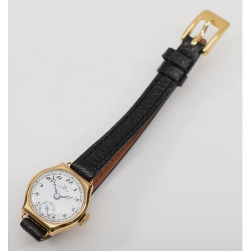 217 - Omega, a 9ct gold Art Deco manual wind ladies wristwatch, Birmingham 1935, white enamel dial, 15 jew... 