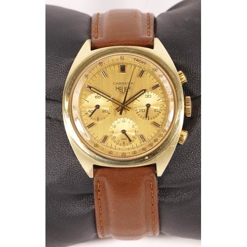 Heuer, Carrera, a gold plated chronograph gentleman's wristwatch, c.1970's, gilt dial with three subsidiary dials, case numbers 194610, 73655, signed Heuer Leonidas cal 7736 17 jewel movement, 37mm.