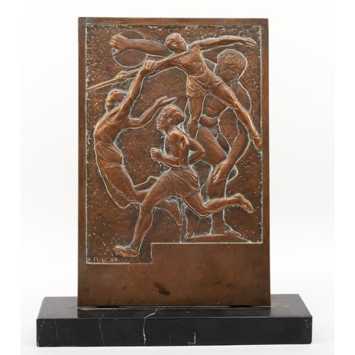 227 - A bronze sporting relief plague, indistinctly signed, c.1930/40, with Discobolus in the background, ... 