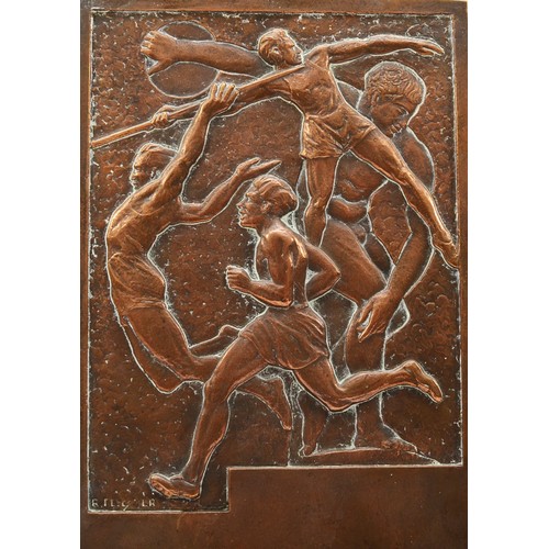 227 - A bronze sporting relief plague, indistinctly signed, c.1930/40, with Discobolus in the background, ... 