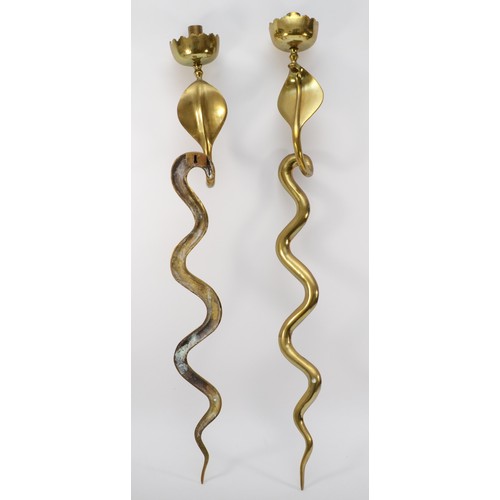 232 - A pair of 20th century brass, probably Indian cast brass wall sconces in the form of a cobra, each 8... 