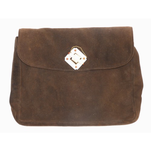 235 - A French brown suede clutch bag, with gold mounted ivory clasp, bearing control marks, set with cora... 