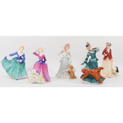 252 - Royal Doulton; five porcelain figures comprising of Autumn Time HN3621, Sarah HN3384, Loyal Friend H... 