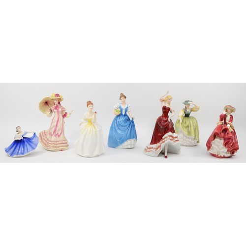 259 - Royal Doulton; five porcelain figures comprising of Springtime HN3477, Flower of Love HN3709, Top O'... 