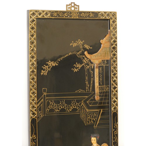 286 - An early 20th century Chinese lacquer panel decorated with applied three Chinese ladies standing in ... 