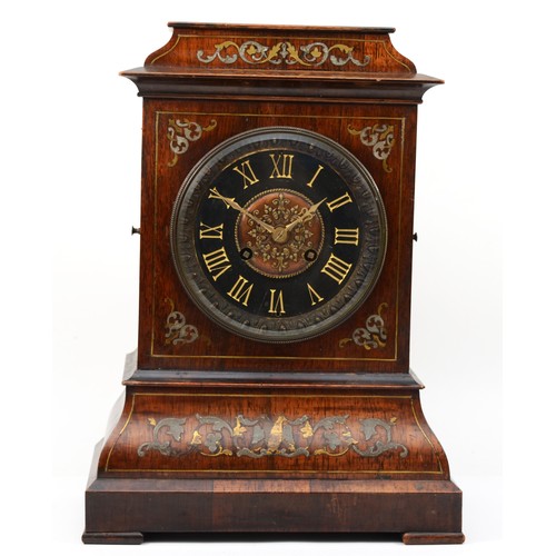 295 - A 19th century French brass inlaid Rosewood mantel clock, the black slate chapter ring with highligh... 