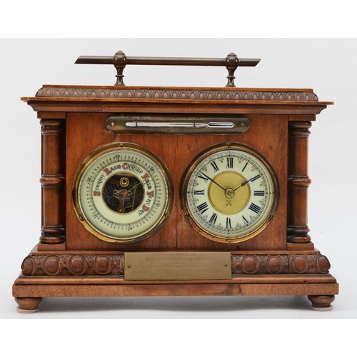 297 - An early 20th century beech cased desktop barometer/clock with applied thermometer, with carrying ha... 