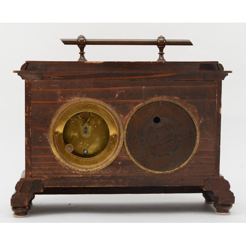 297 - An early 20th century beech cased desktop barometer/clock with applied thermometer, with carrying ha... 