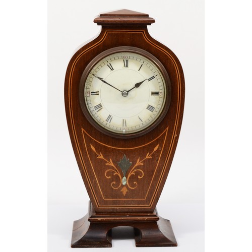 301 - An Edwardian inlaid mahogany lyre shaped mantle clock, the French brass movement with silent and fal... 