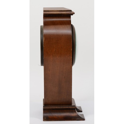 301 - An Edwardian inlaid mahogany lyre shaped mantle clock, the French brass movement with silent and fal... 