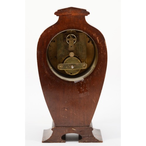 301 - An Edwardian inlaid mahogany lyre shaped mantle clock, the French brass movement with silent and fal... 