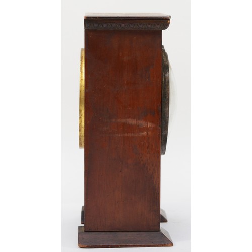 304 - Goldsmiths & Silversmiths; an Edwardian inlaid mahogany cased mantle clock, silvered chapter ring wi... 