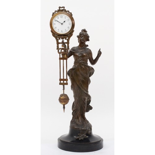 305 - A 20th century novelty bronzed spelter mystery clock in the form of a classical maiden, raised on ci... 