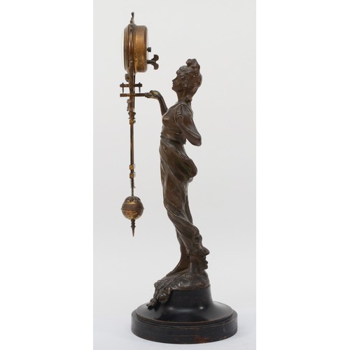 305 - A 20th century novelty bronzed spelter mystery clock in the form of a classical maiden, raised on ci... 