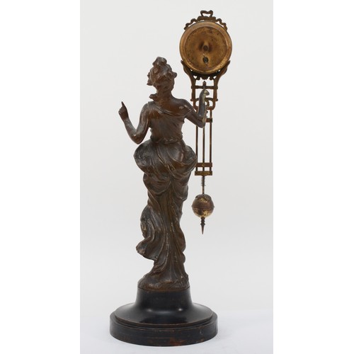 305 - A 20th century novelty bronzed spelter mystery clock in the form of a classical maiden, raised on ci... 