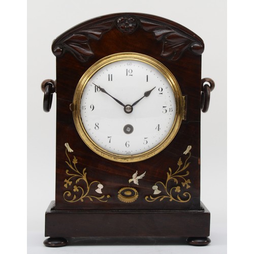 306 - An early 20th century inlaid mahogany cased dome topped mantle clock, inlaid with brass and mother o... 