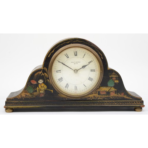 314 - A 20th century black chinoiserie cased drum head mantle clock, the French movement bearing impressed... 