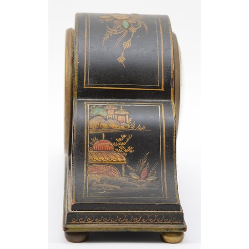 314 - A 20th century black chinoiserie cased drum head mantle clock, the French movement bearing impressed... 