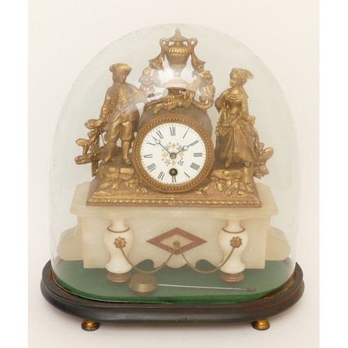 319 - A late 19th century French gilt metal and marble drumhead mantle clock, surmounted with a man and wo... 